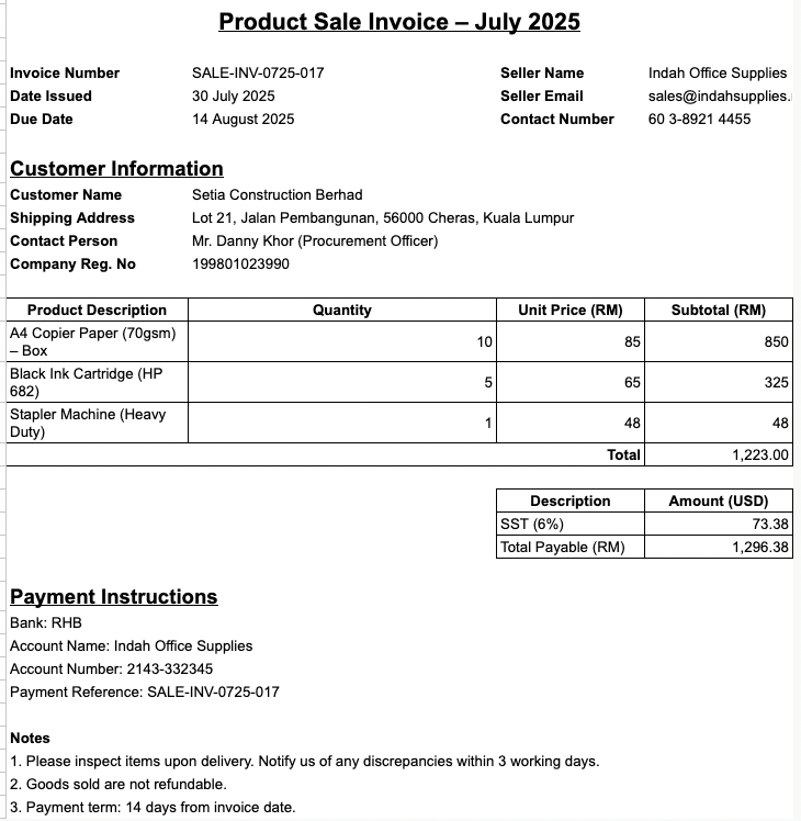 Product Sale Invoice Template